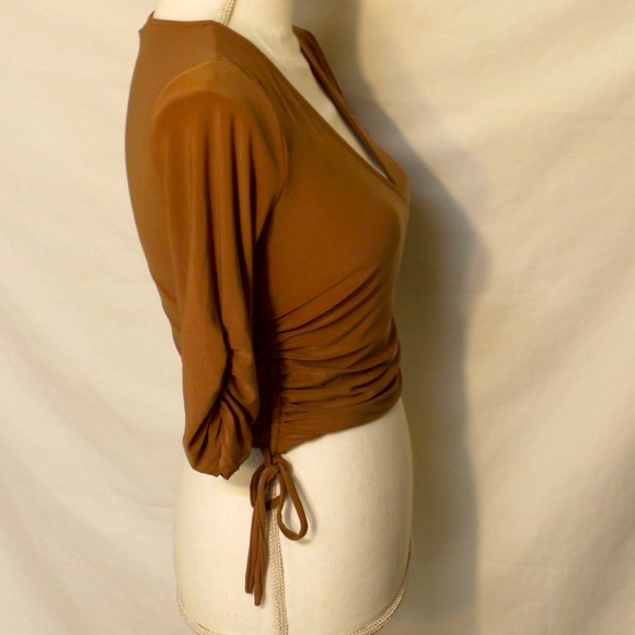 HAUTE MONDE TAN WRAP BLOUSE SIZE SMALL V-NECK FRONT GATHERED 3/4 SLEEVE TIES NWT - Picture 3 of 11